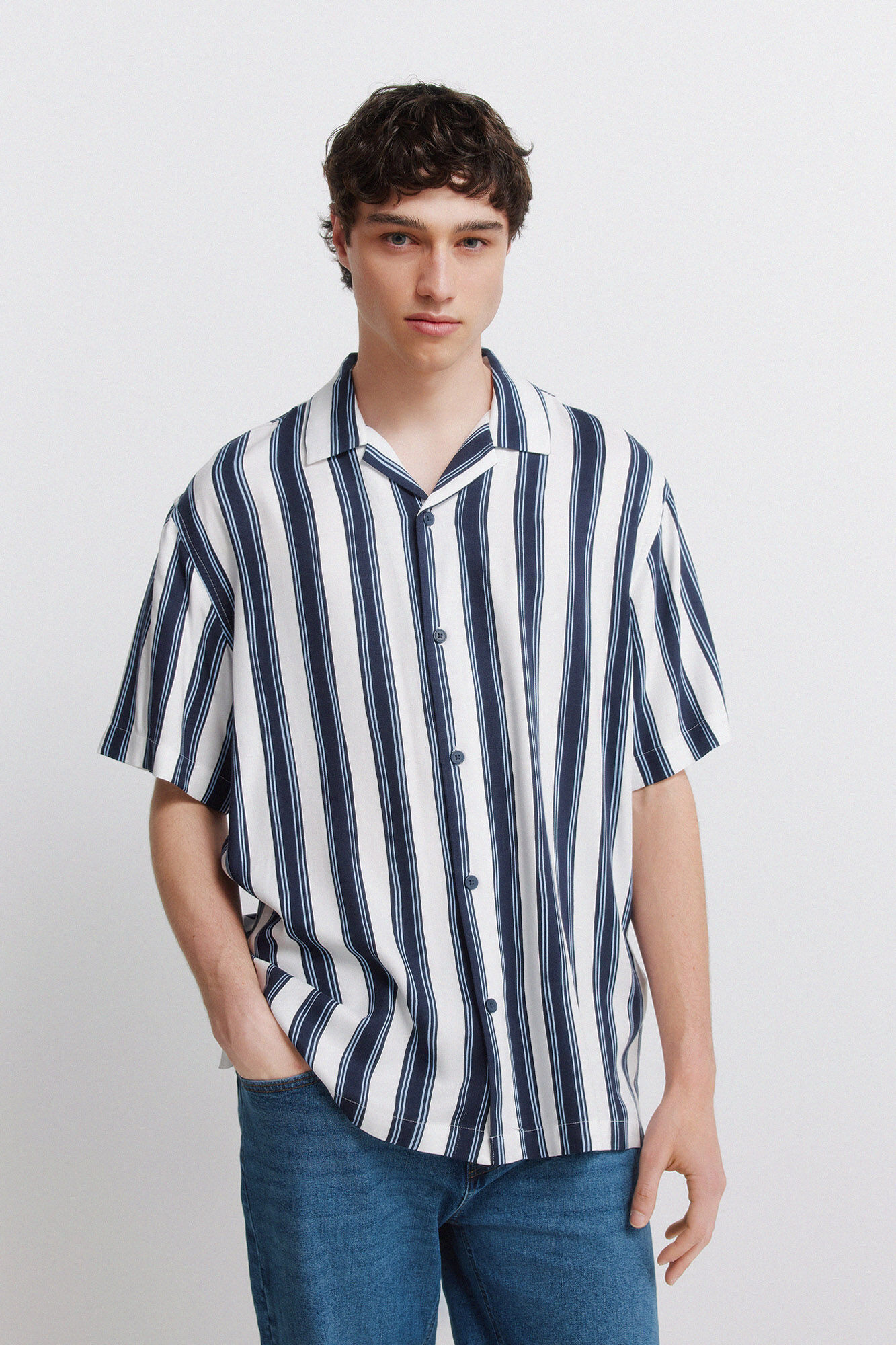 Springfield Camisa de manga curta em viscose &agrave;s riscas