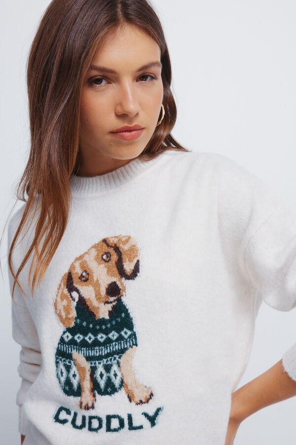 Springfield Camisola com estampado de c&atilde;o em tric&ocirc; "fofo" branco