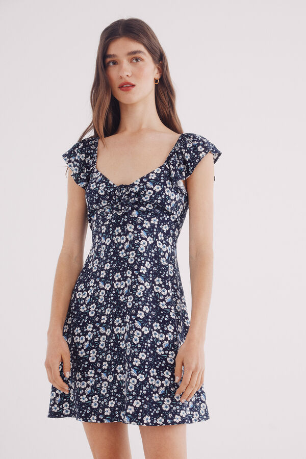 Springfield Vestido corto tirantes volantes estampado azul