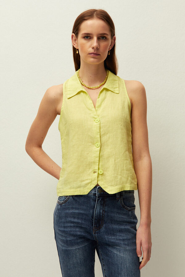 Systemaction Chaleco lino cuello camisero amarillo
