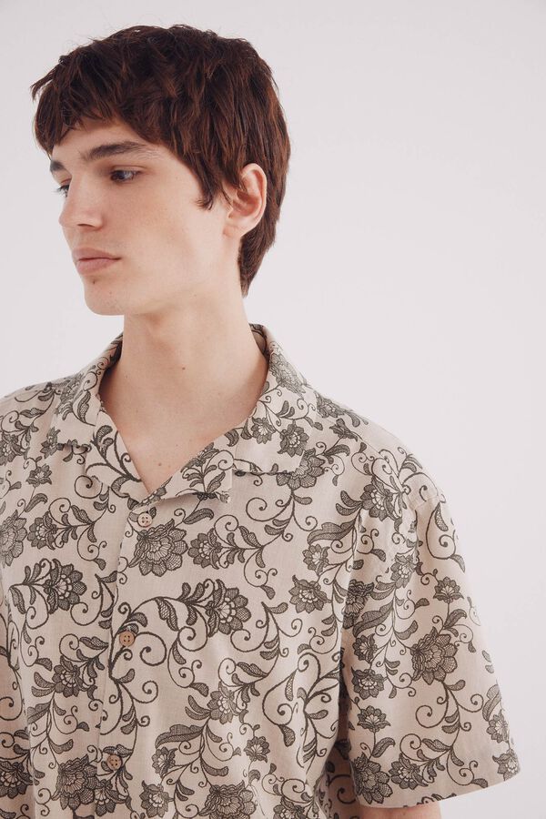 Springfield Camisa de manga curta de algodão estampado bege