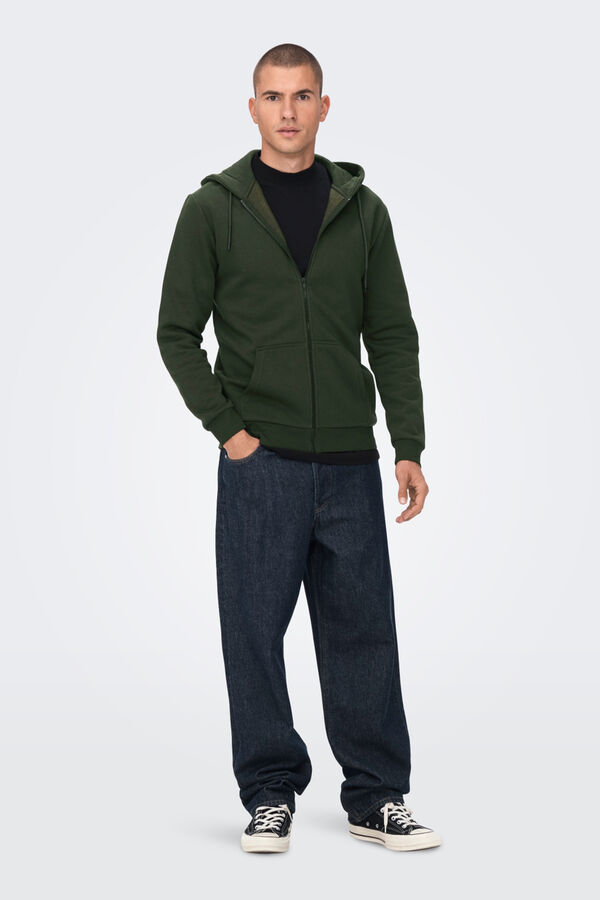 Only & Sons Sudadera de hombre felpada con cremallera. verde