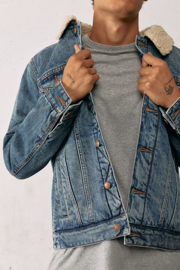 Springfield Blusão jeans lavagem média clara de lã azul