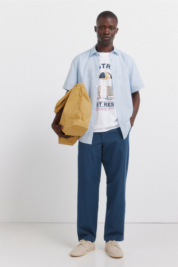 Springfield Camisa de manga curta em linho azul