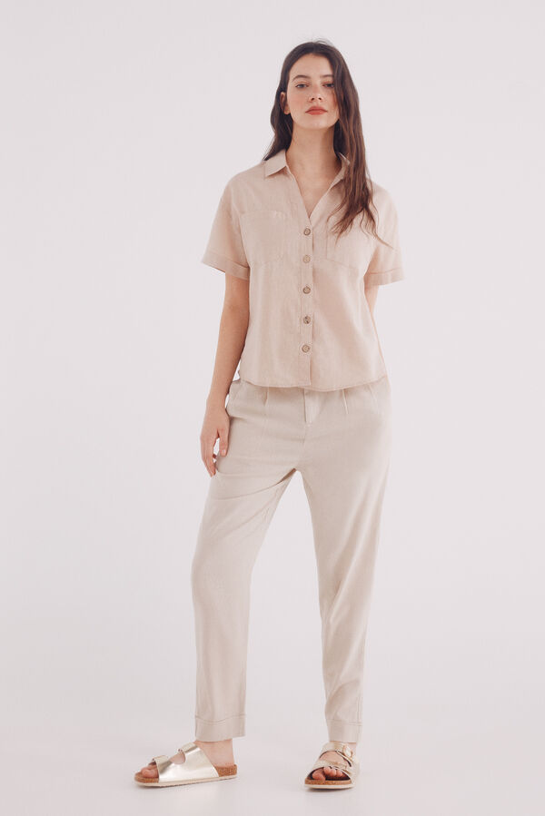 Springfield Camisa de linho de algod&atilde;o de manga curta castanho