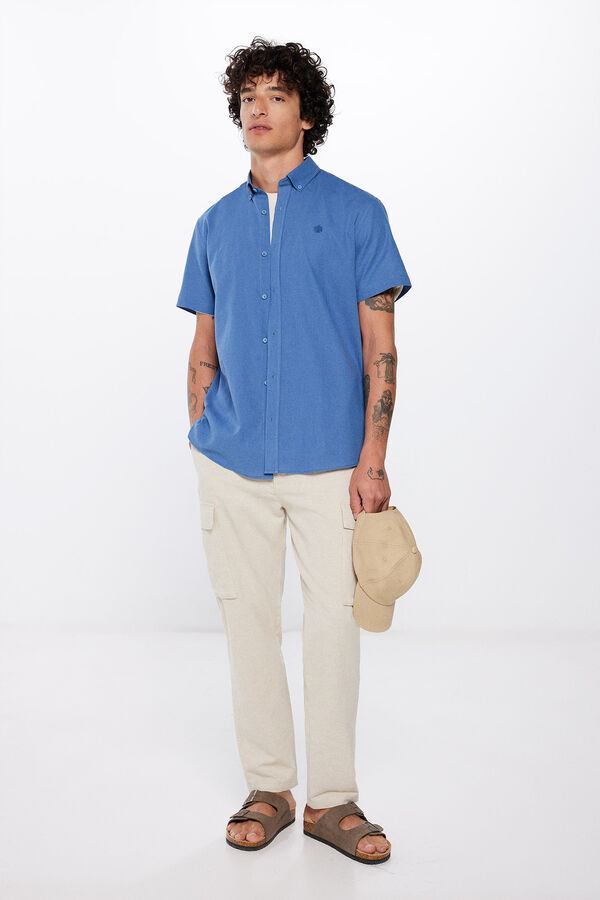 Springfield Camisa de manga curta em linho azul