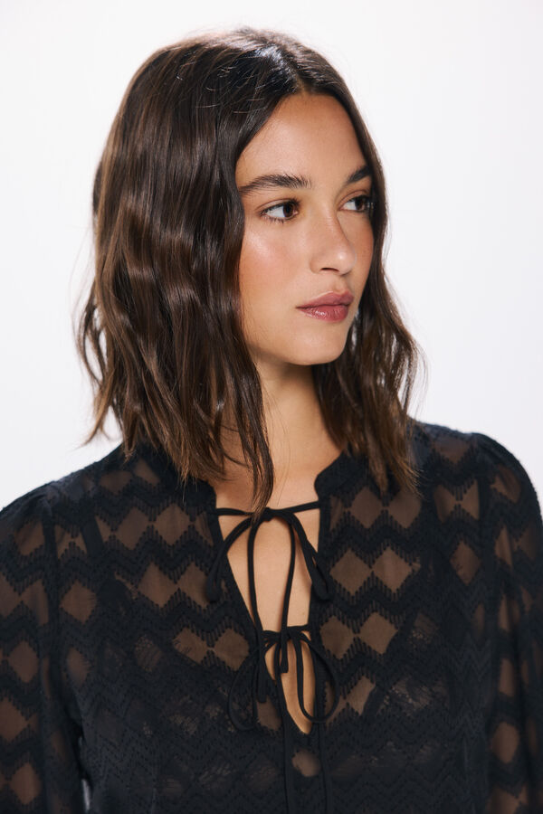 Springfield Blusa gasa bordados transparencias negro