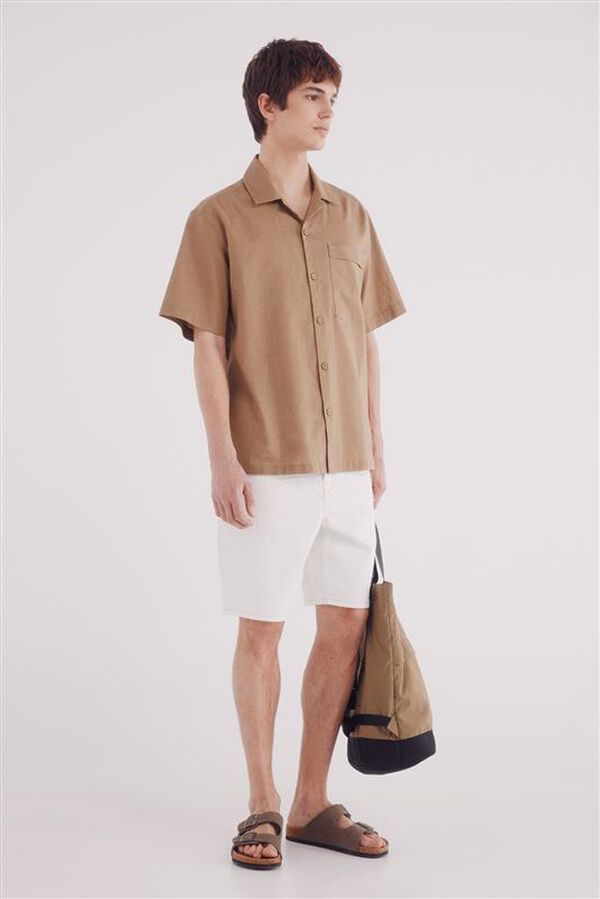 Springfield Camisa de linho manga curta com bolso castanho