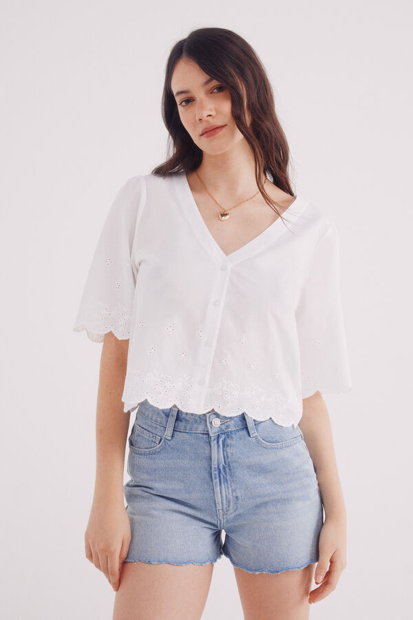Springfield Blusa bordados algod&oacute;n blanco