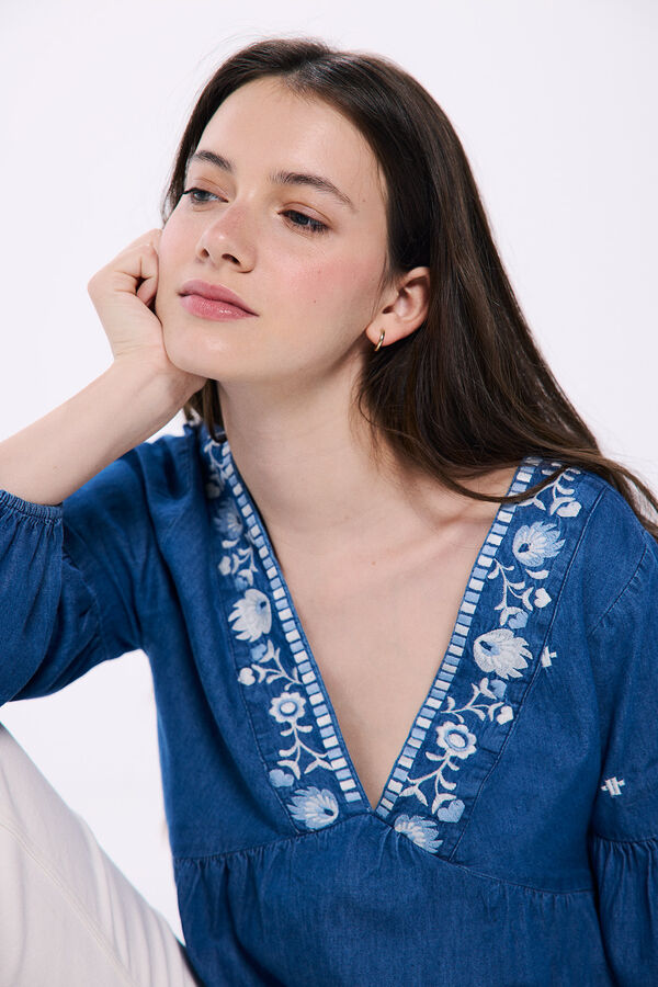 Springfield Blusa denim bordados azul