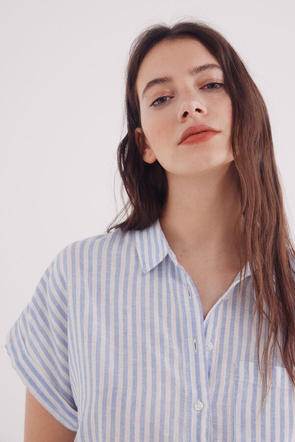 Springfield Camisa de linho de algodão de manga manga curta azul