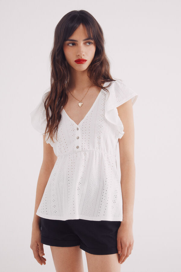 Springfield Camiseta com babados bordado circulares su&iacute;&ccedil;os bege