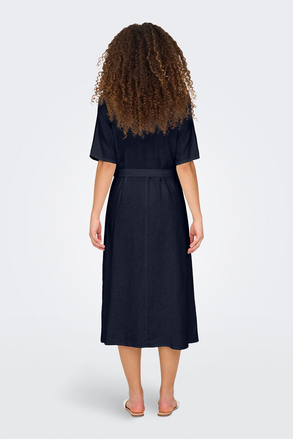 JDY Vestido camisa midi em linho com cinto azul