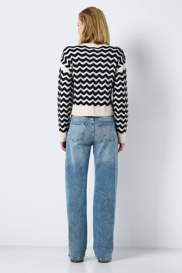 Noisy May Jersey de rayas en zigzag cuello redondo y corte regular blanco