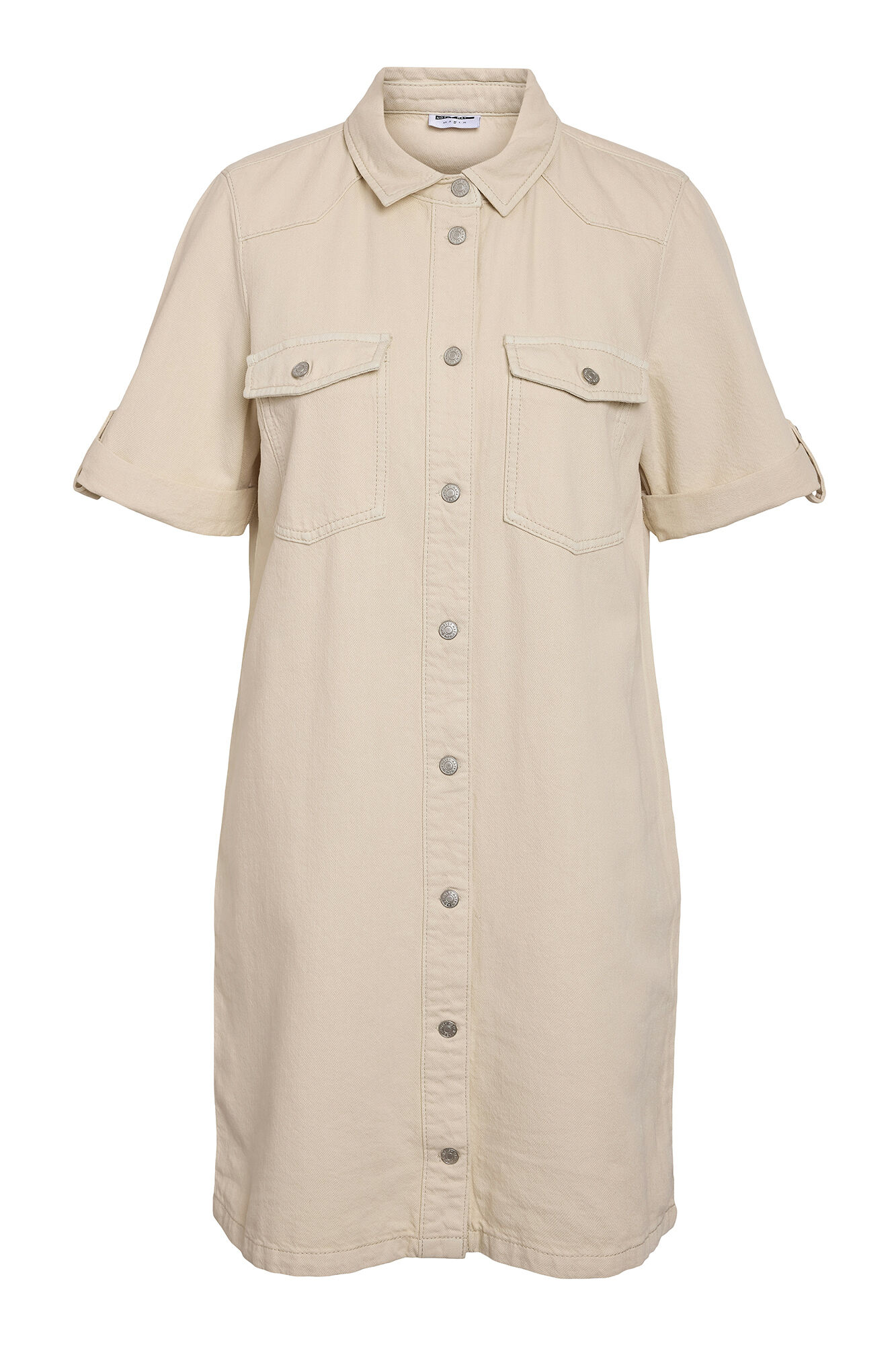 Noisy May Vestido vaquero corto de manga corta con abotonado frontal y bolsillos.