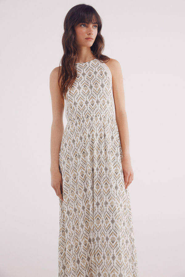 Springfield Vestido midi estampado &eacute;tnico beige