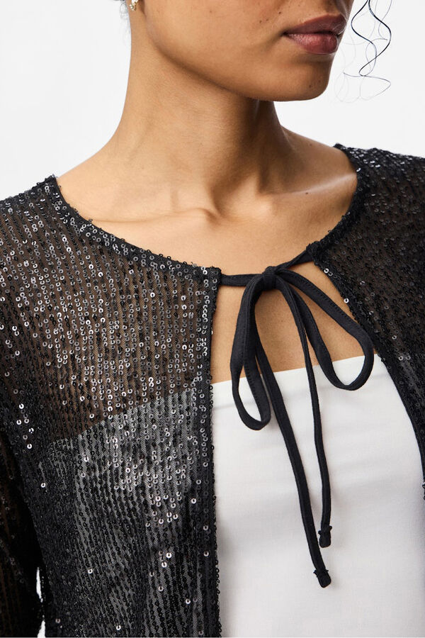 Pieces Cardigan com gravata de la&ccedil;ada  preto