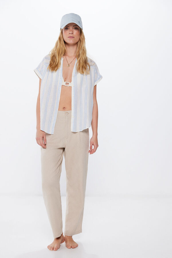 Springfield Camisa com colarinho Mao M/C Linho de algod&atilde;o bege