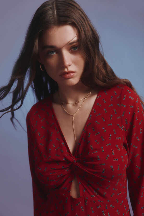 Springfield Vestido midi estampado com decote n&oacute; vermelho