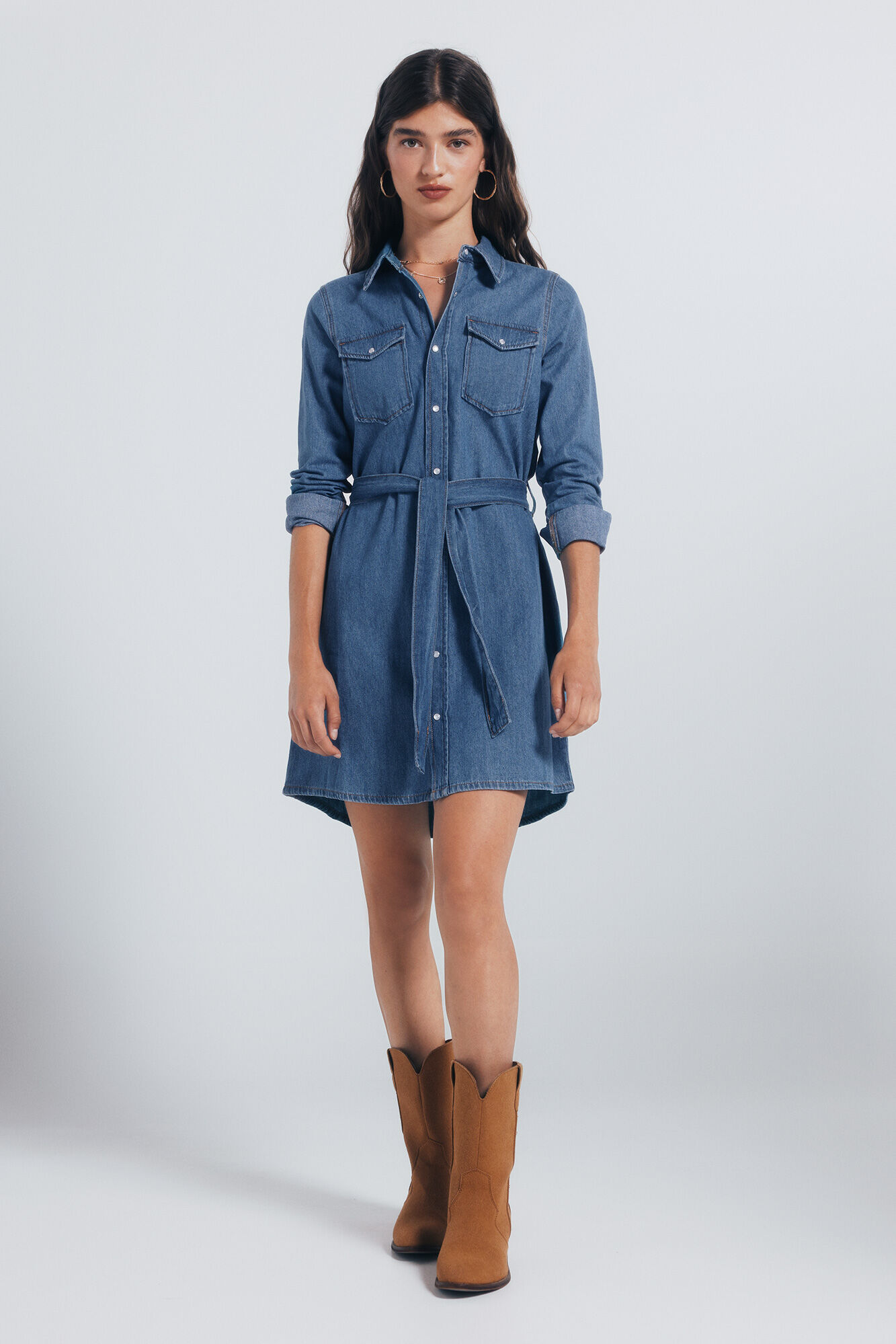 Springfield Vestido camisa jeans com cinto
