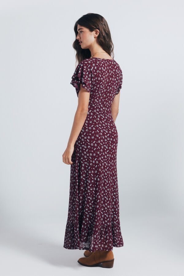 Springfield Vestido midi manga volante estampado burdeos