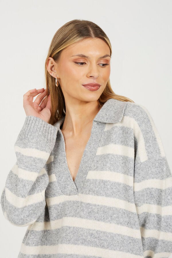 Brave Soul Jersey a rayas con cuello pico gris