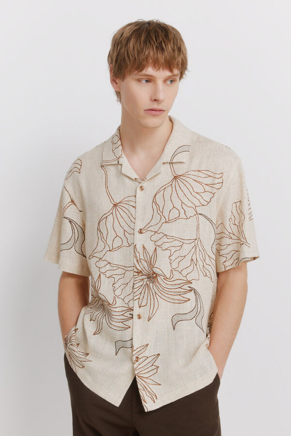 Springfield Camisa de manga curta estampada em linho e viscose bege