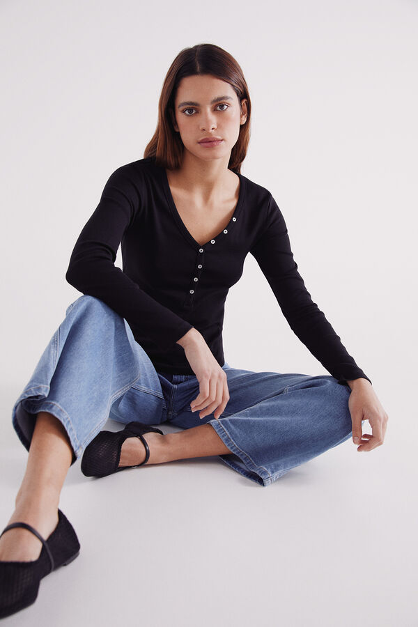 Springfield T-shirt Bakery com decote em bot&otilde;es preto