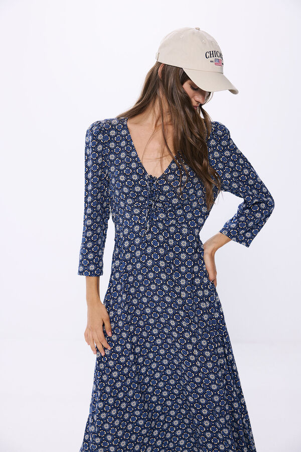 Springfield Vestido midi n&oacute; com decote estampado azul