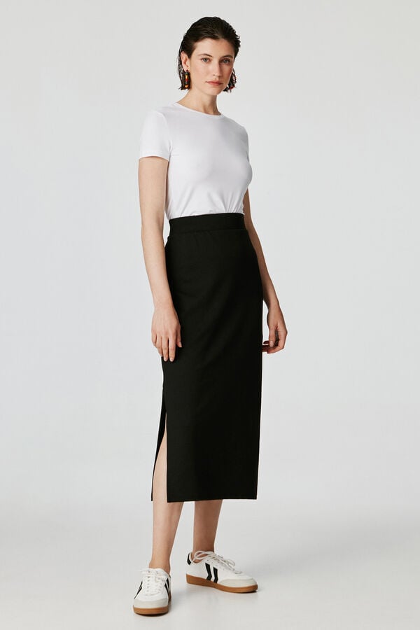 Pieces Falda midi con cintura el&aacute;stica negro