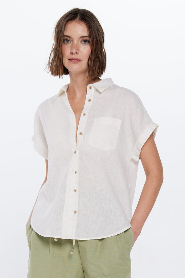 Springfield Camisa Bolsillo M/C con Lino beige