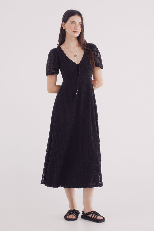 Springfield Vestido midi de crochet com manga capa preto