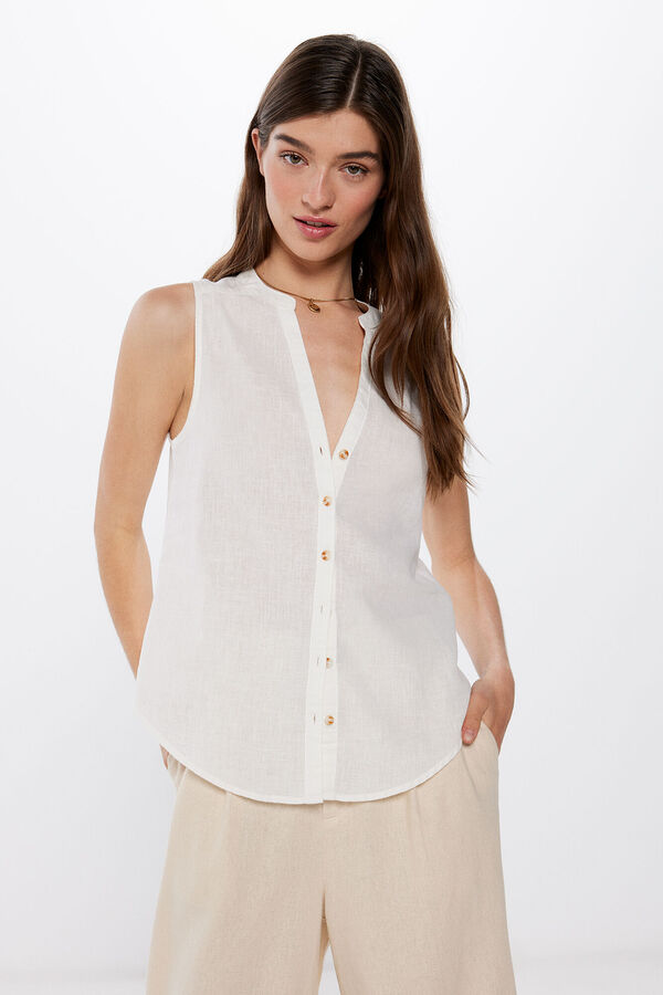 Springfield Blusa Cuello Mao Sin Mangas Algod&oacute;n Lino blanco