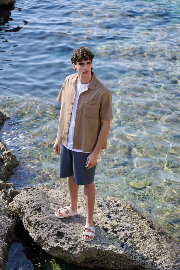 Springfield Camisa de linho manga curta com bolso castanho