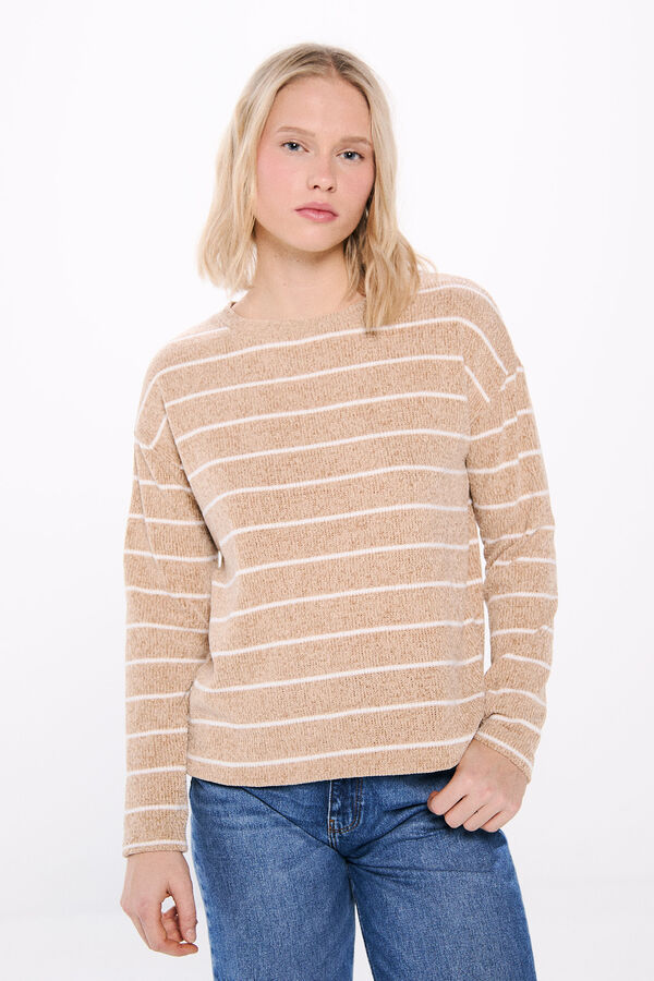 Springfield Camiseta riscas em chenille castanho