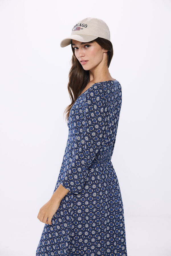 Springfield Vestido midi n&oacute; com decote estampado azul