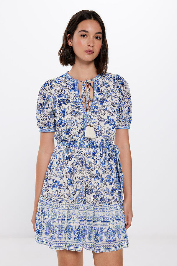 Springfield Vestido Corto Paisley Cenefas blanco