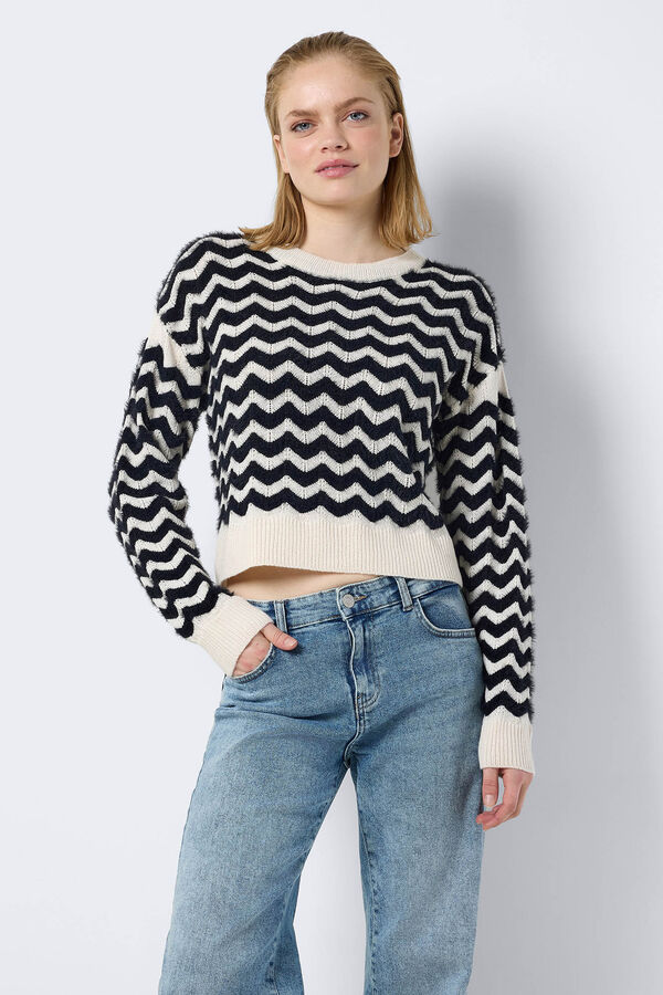 Noisy May Jersey de rayas en zigzag cuello redondo y corte regular blanco