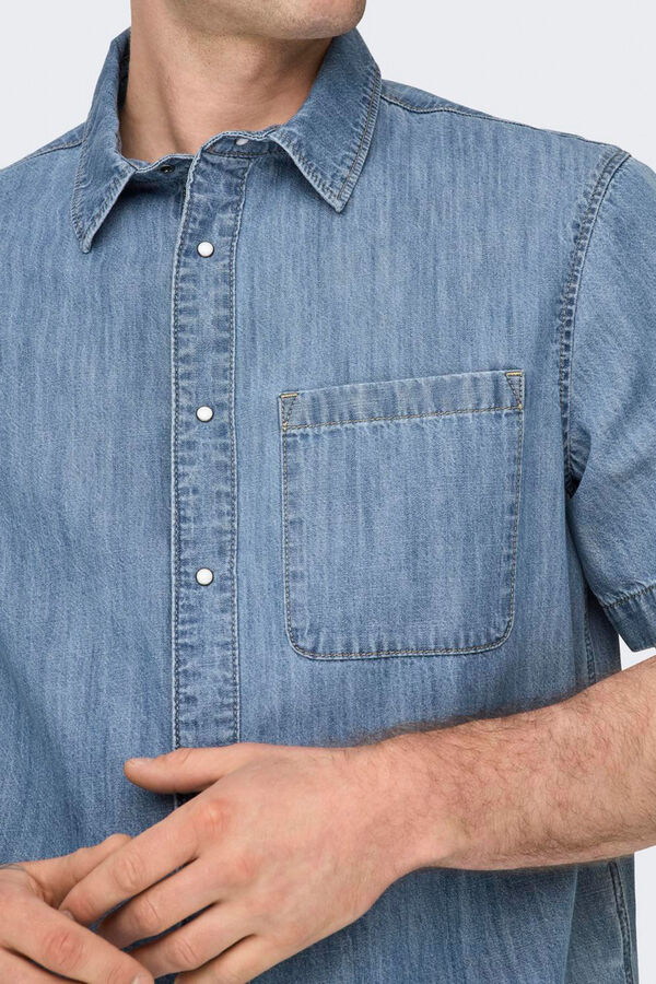 Only & Sons Camisa de hombre estilo chambray de manga corta azul