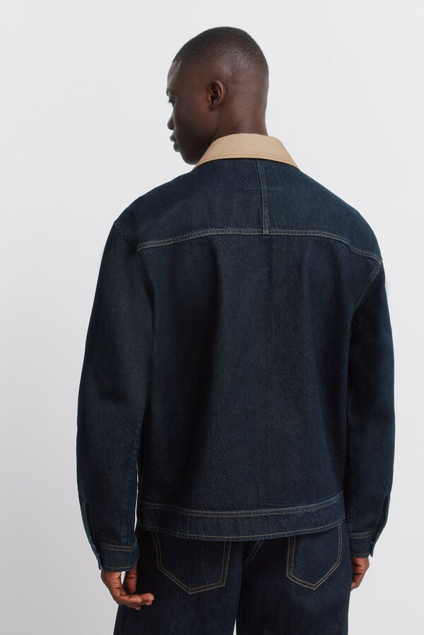 Springfield Jaqueta jeans oversized com gola contrastante azul