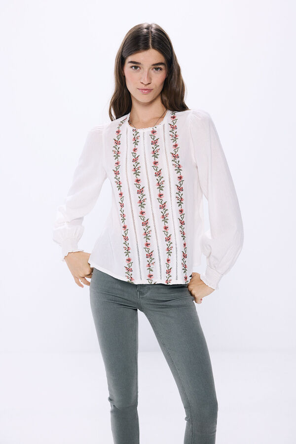 Springfield Blusa bordados verticales flores blanco