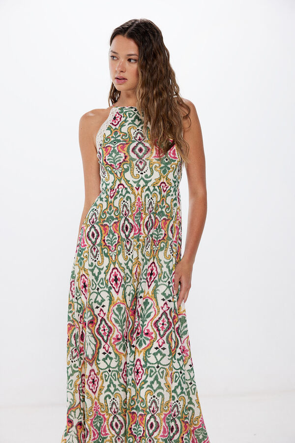 Springfield Vestido midi decote halter estampado &eacute;tnico bege