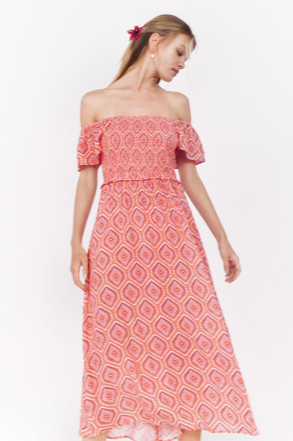 La Vecina Rubia Vestido midi "VIOLETA" estampado detalle nido de abeja - La Vecina Rubia coral