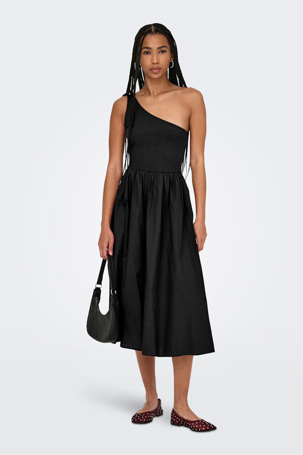 Only Vestido midi asim&eacute;trico negro