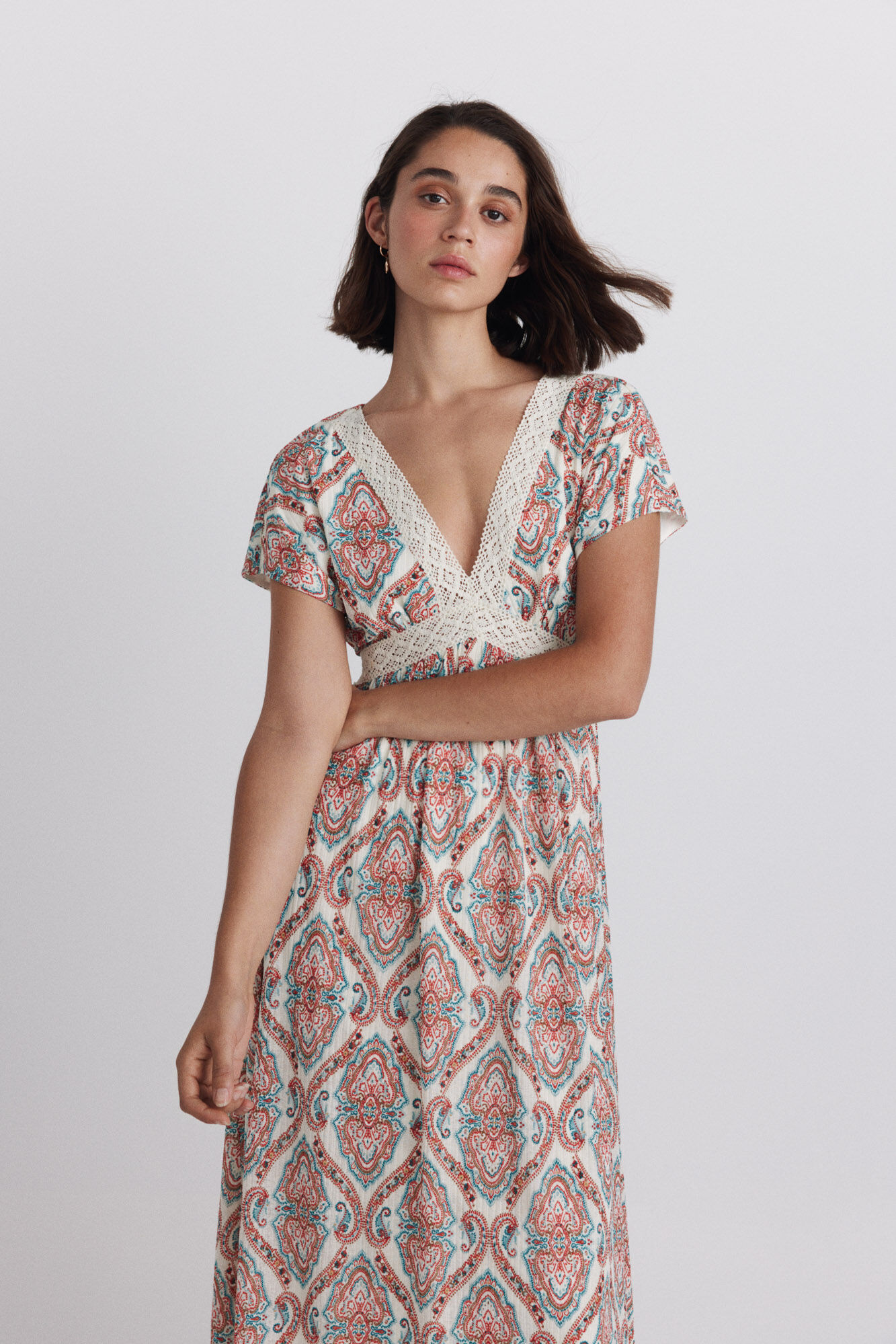 Springfield Vestido midi de manga curta com estampado sanefa