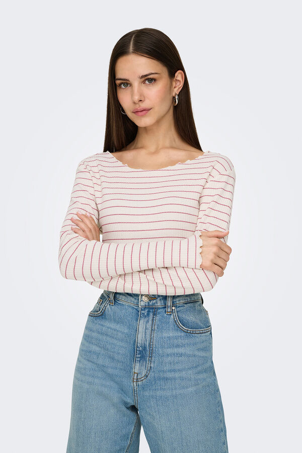 Only T-shirt curta de manga comprida com bordas onduladas branco