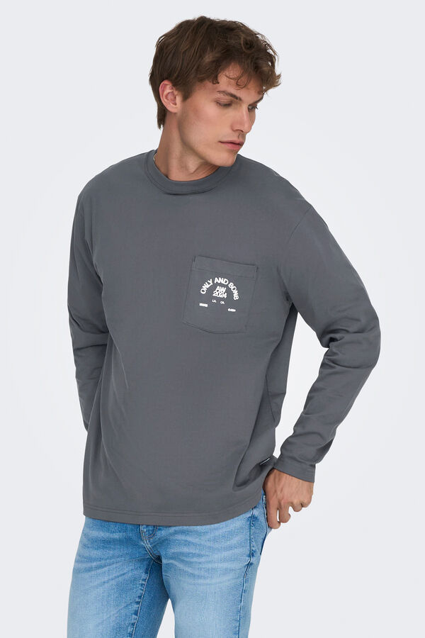 Only & Sons T-shirt de manga comprida com estampa nas costas cinzento