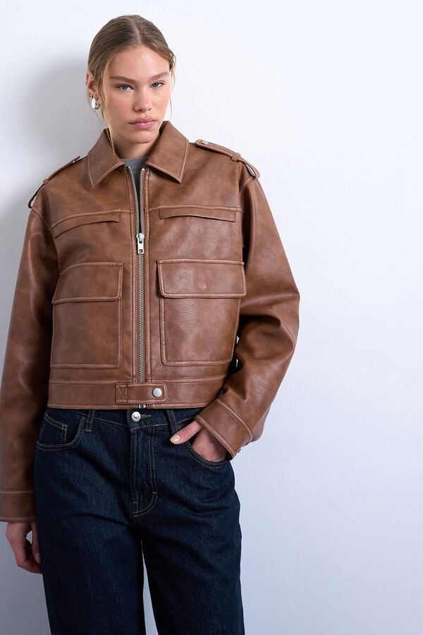 Topshop Casaco curto motard efeito pele cru