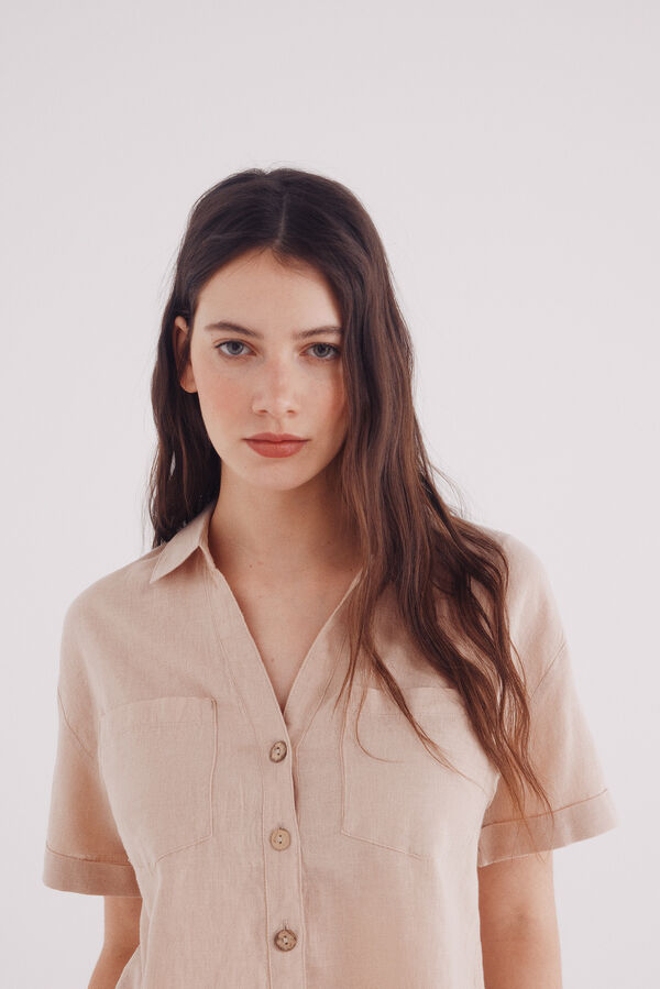 Springfield Camisa de linho de algod&atilde;o de manga curta castanho