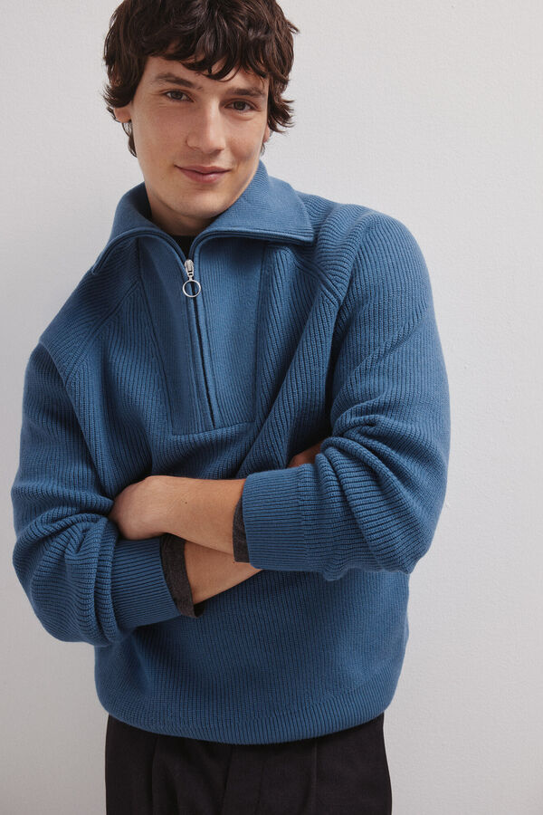 Springfield Camisola moderno com gola na fecho-&eacute;clair azul